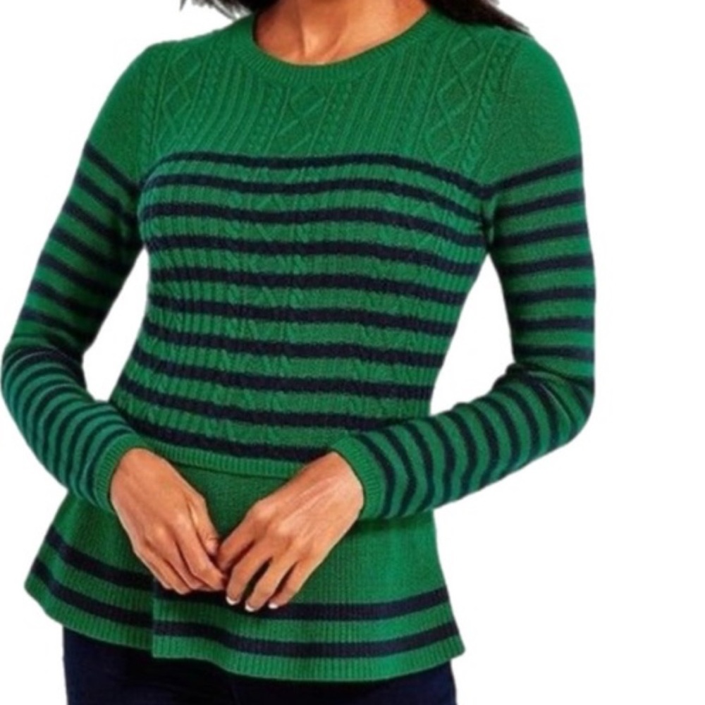 Talbots green and navy Cable Knit peplum Sweater Size MP